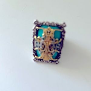 Large statement ring size 9 with scrolling and turquoise detail